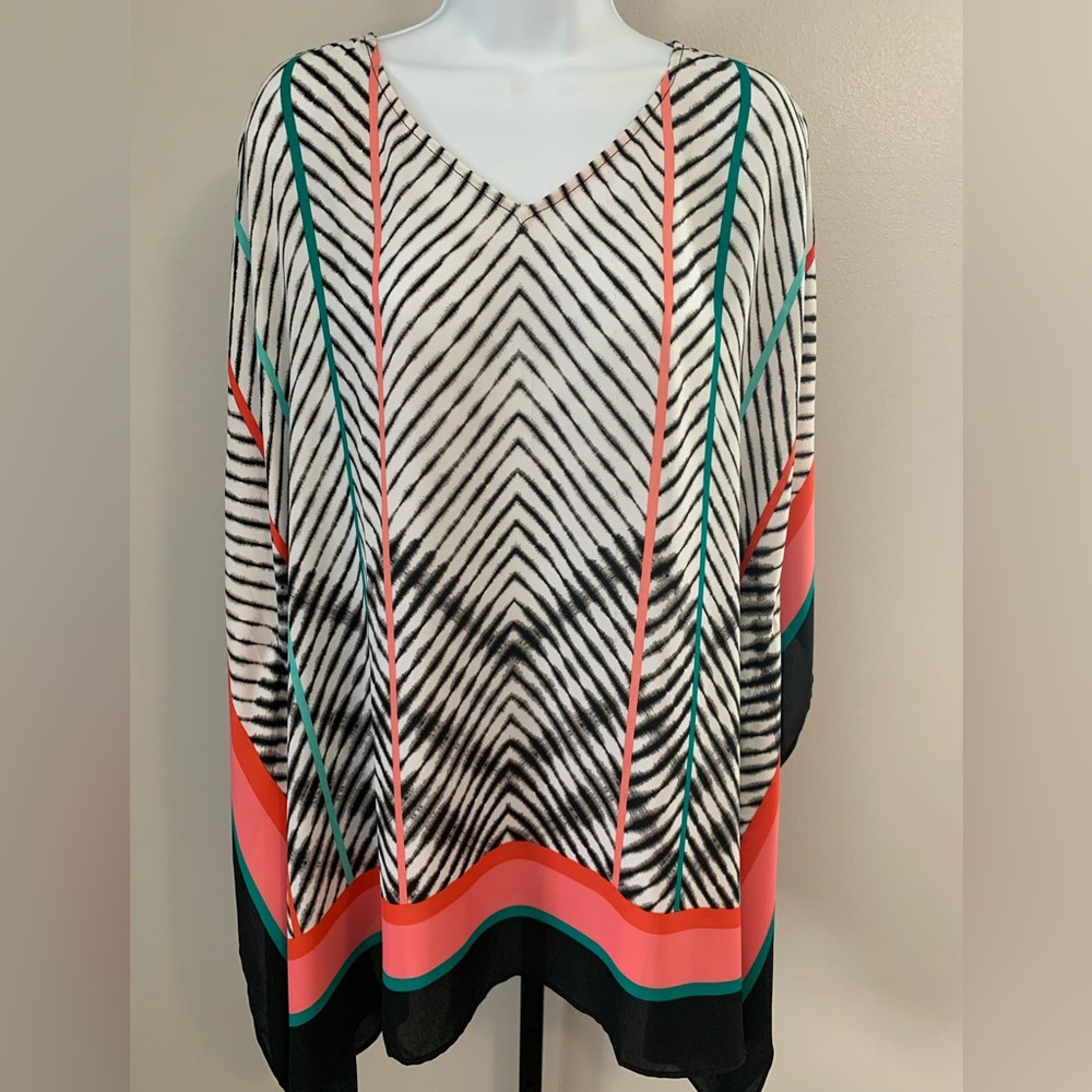Catherines Black and White Striped V-Neck Poncho with Corals and Greens Accents